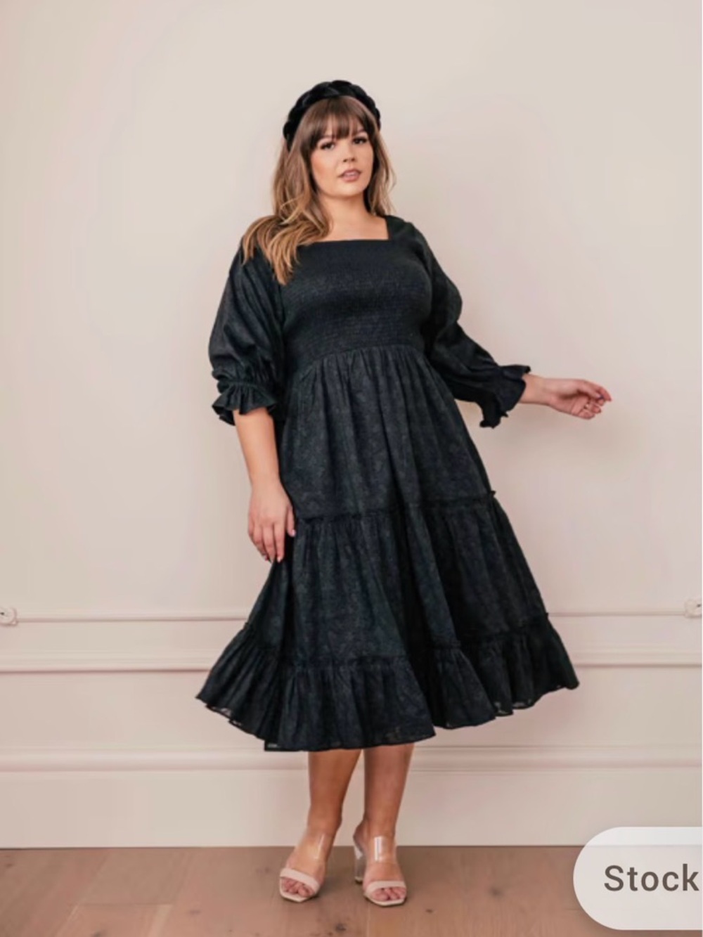 JessaKae Carefree Black Smocked Square-Neck Tiered Midi Dress